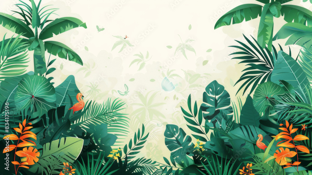 Illustration of a dense tropical jungle filled with lush green foliage and vibrant flowers, creating a lively and exotic atmosphere. Illustration of a dense tropical jungle filled with lush green foliage and vibrant flowers, creating a lively and exotic atmosphere.