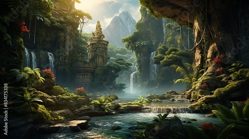A lush jungle scene with exotic plants and a cascading waterfall  