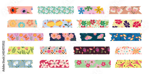 Collection of Washi flowers on tapes. Colorful scrapbook stripes, sticky labels and decorative strips of tape.