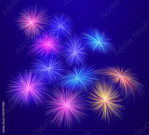 Fireworks abstract festive background with free space for text. Exploding fireworks shining in the night sky. Carnival, festival, party pyrotechnics explosion vector holiday background