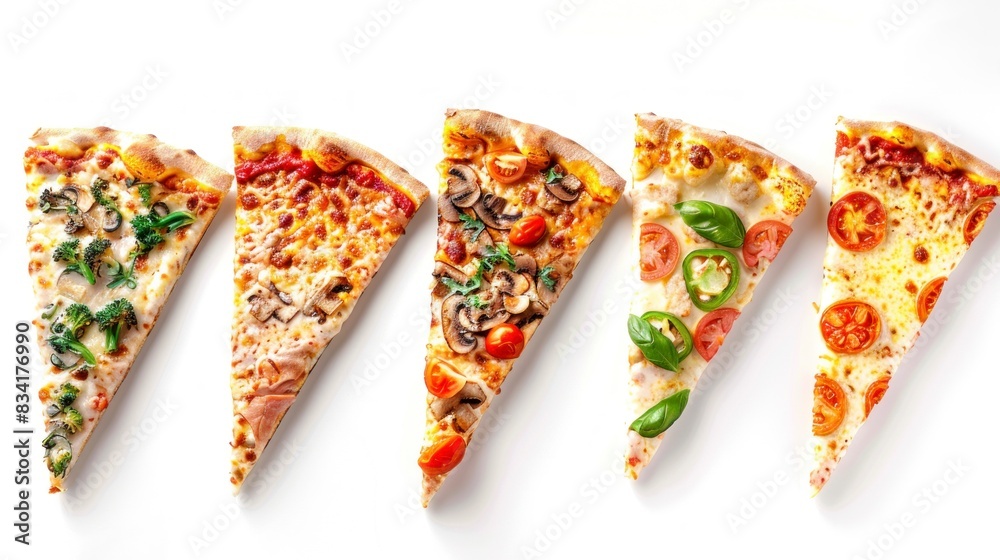 pieces of pizza of different flavors on white background pieces of pizza of different flavors on white background
