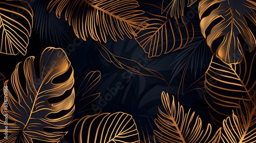 Abstract luxury dark art background with hand drawn palm leaves in golden line style. Botanical banner with tropical plants for wallpaper  decor  packaging  print  interior design 