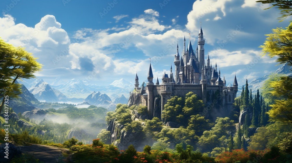 A majestic castle on a hill surrounded by a dense forest and a clear blue sky 