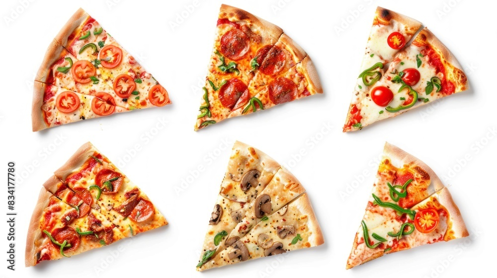 pieces of pizza of different flavors on white background pieces of pizza of different flavors on white background