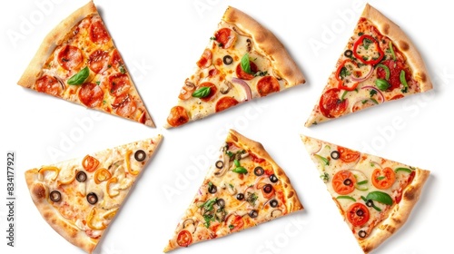pieces of pizza of different flavors on white background