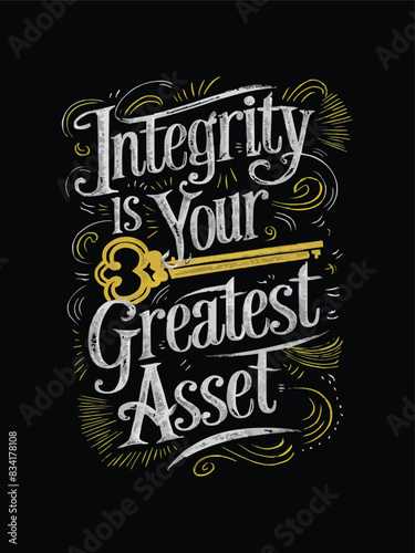 Chalkboard illustration with intricate typography and a golden key emphasizes the motivational quote with a solid background