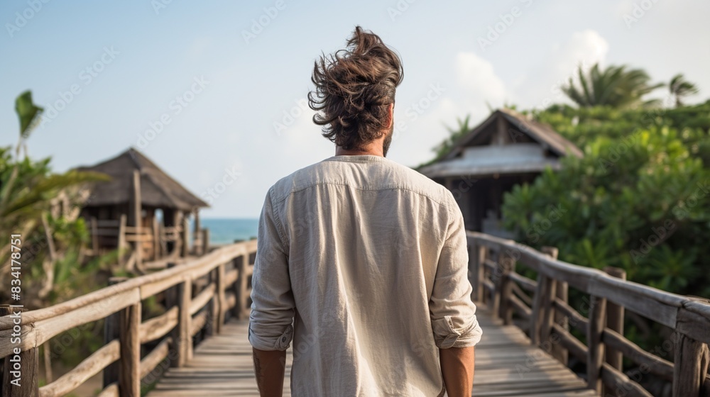 A man with a casual messy bun hairstyle, leisurely walking through a laid-back beachside boardwalk.  
