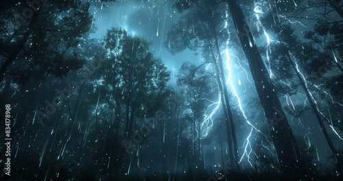 A dramatic lightning storm illuminates a dark forest at night, capturing the power and intensity of nature's forces.