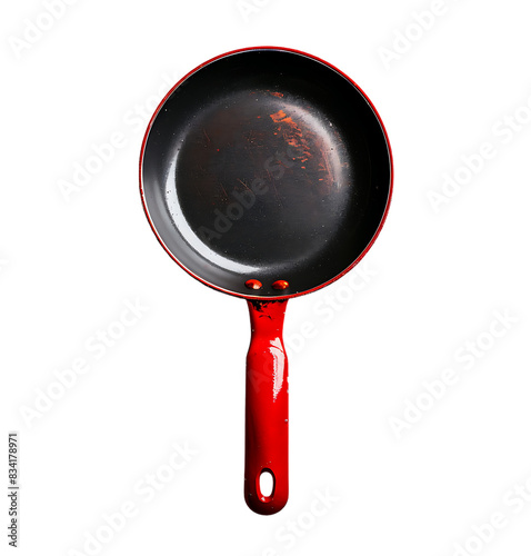 red handled frying pan on transparent isolated background photo