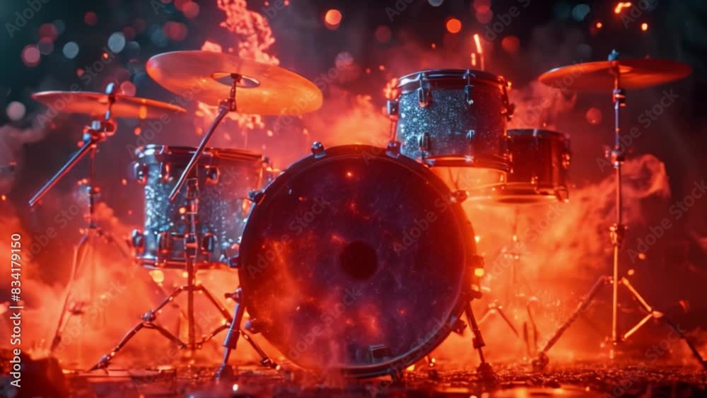 A drum set positioned on a stage with flames blazing in the background, creating a fiery atmosphere for a performance.