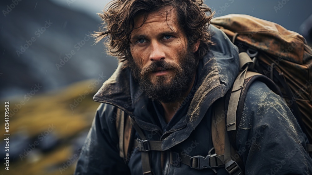 A man with a rugged man bun hairstyle, exploring a rugged mountain trail with a spirit of adventure. 