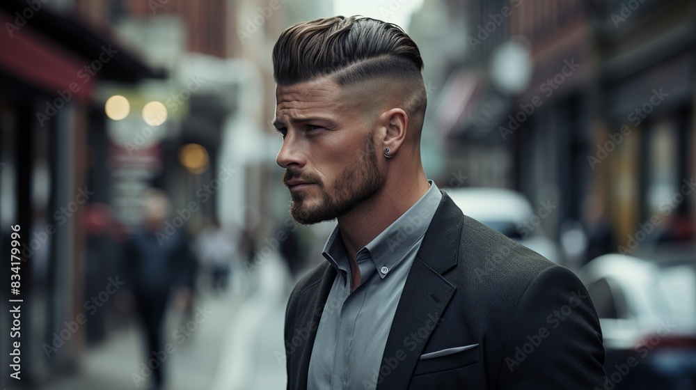 A man with a sleek undercut hairstyle, making his way through a stylish urban neighborhood 