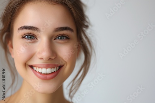 Young woman smiling against grey background