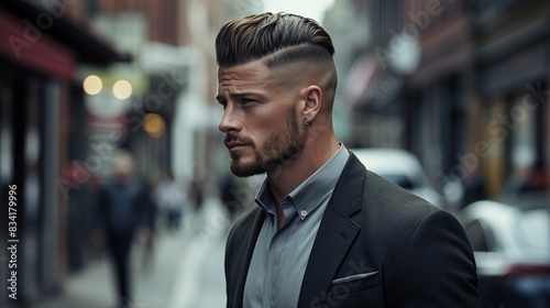 A man with a sleek undercut hairstyle, making his way through a stylish urban neighborhood  photo
