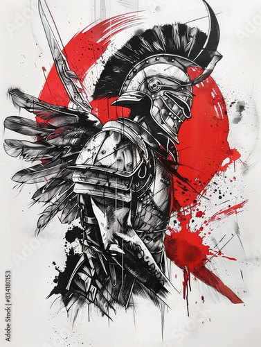Trash polka tattoo style poster design of a Polish Winged Hussar in Full Armor with a Vibrant Red Background. photo