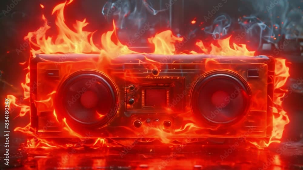 A boombox on fire with a reflection of flames against a reflective surface.