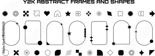Set of abstract aesthetic y2k linear frames, geometric shapes and elements. Black and white retro line design elements. Vector illustration for social networks or posters.