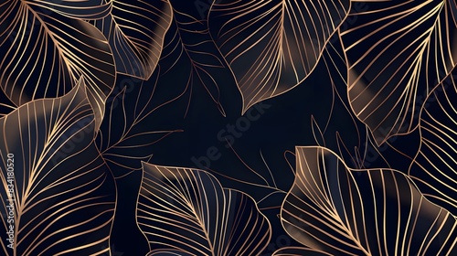 Abstract luxury dark art background with hand drawn palm leaves in golden line style. Botanical banner with tropical plants for wallpaper  decor  packaging  print  interior design 
