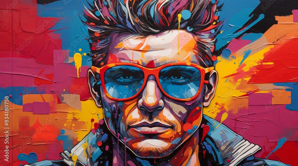 A man with a trendy and fashion-forward faux hawk hairstyle, exploring the vibrant street art 