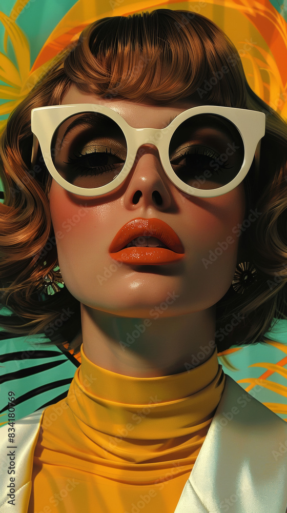Obraz premium Retro style pastel colors summer background. Fashion woman wearing big sunglasses.