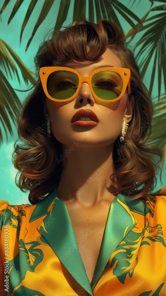 Retro style pastel colors summer background. Fashion woman wearing big sunglasses. Retro style pastel colors summer background. Fashion woman wearing big sunglasses.