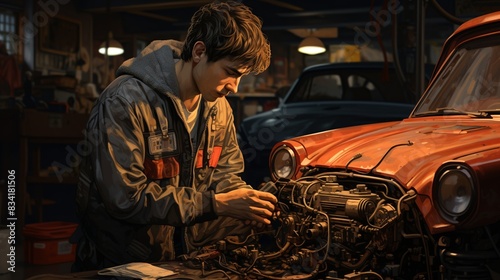 A mechanic repairing a car in their garage, their skilled hands working diligently to get the vehicle back on the road. 