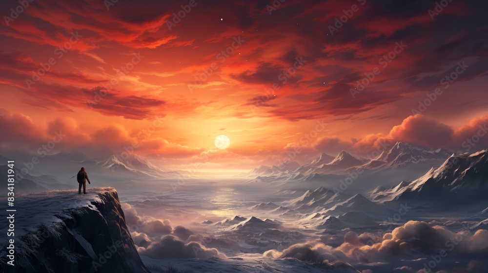A mesmerizing sunset over a snowy landscape, with the sky ablaze in warm colors contrasting against the cold, 