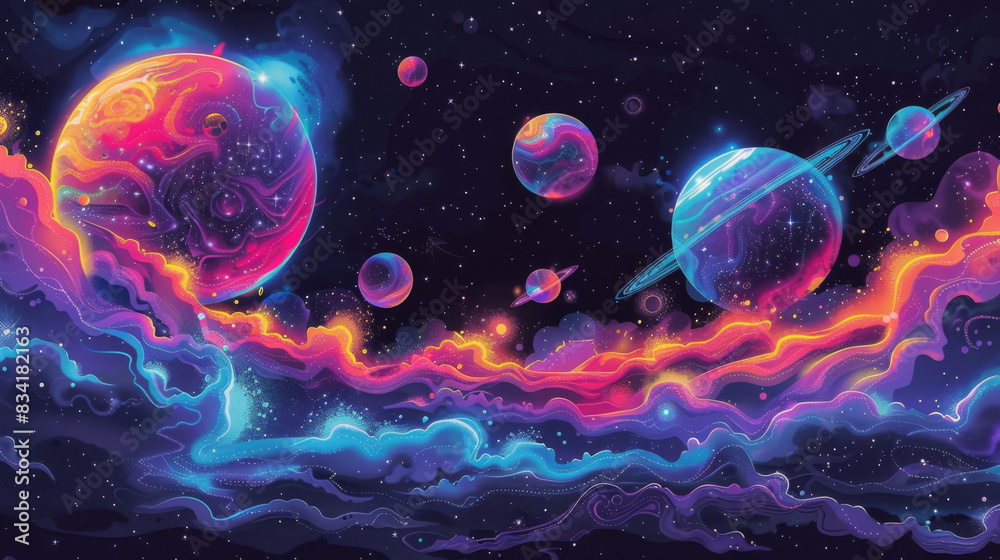 Vivid depiction of colorful planets surrounded by cosmic waves in space, creating a dreamy and fantastical outer space scene. Vivid depiction of colorful planets surrounded by cosmic waves in space, creating a dreamy and fantastical outer space scene.