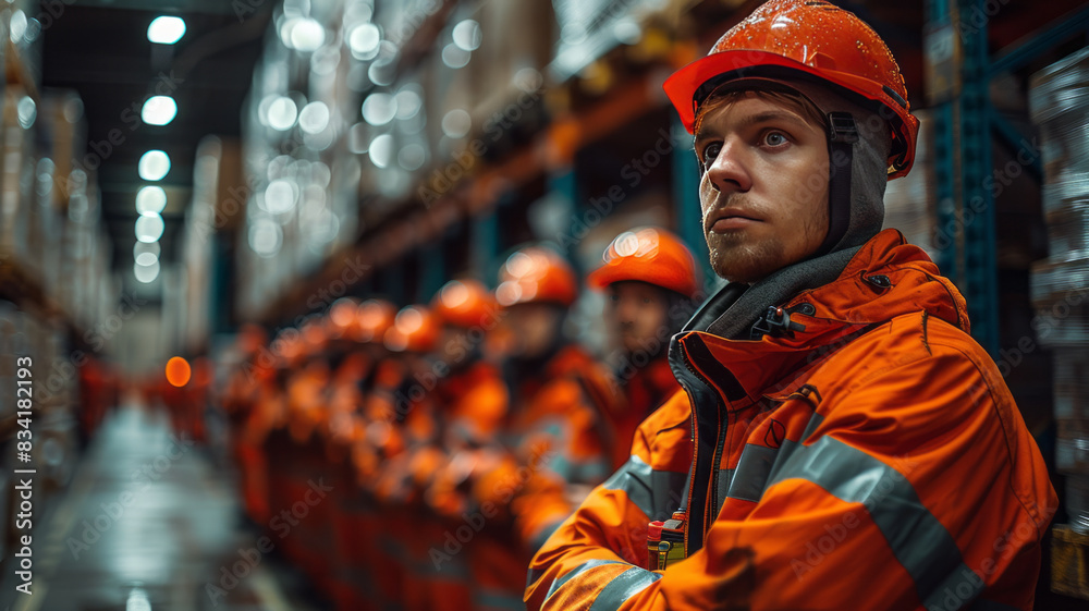 Warehouse workers in safety gear during training, emphasizing workplace safety.generative ai Warehouse workers in safety gear during training, emphasizing workplace safety.generative ai