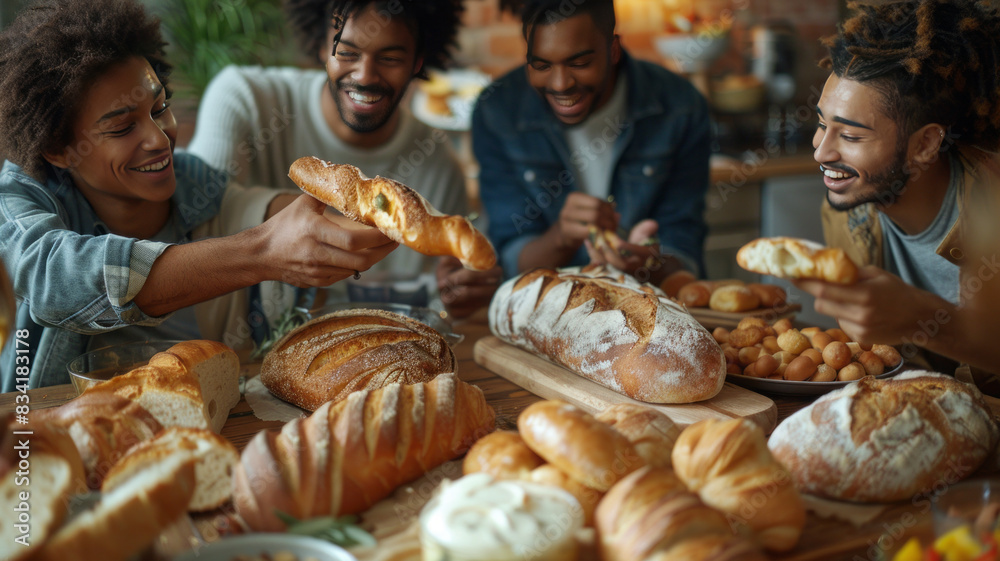 cool angle photo of several friend eating and sharing a lot of bread and pastries.generative ai cool angle photo of several friend eating and sharing a lot of bread and pastries.generative ai