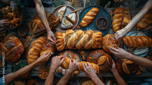 cool angle photo of several friend eating and sharing a lot of bread and pastries.generative ai © JKLoma