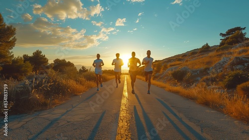 Men Running Forward on Road Towards Camera - Low Angle Shot photo