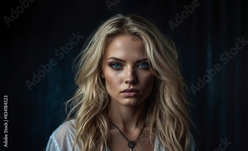 Portrait of a supermodel with blonde casual hairstyle and deep blue eyes