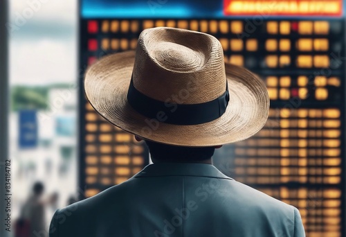 a young man with a hat seen exactly from behind who is looking in the direction of an airport information board