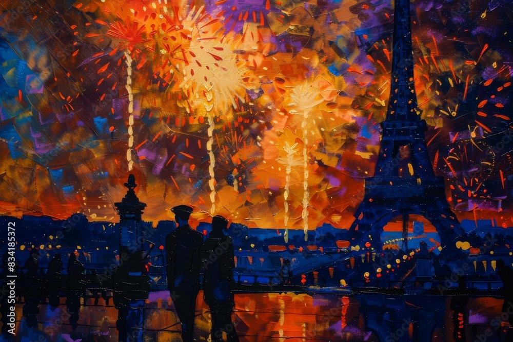Fototapeta premium Romantic silhouette of couple with Eiffel Tower and fireworks in Paris at night, vibrant colors and festive atmosphere