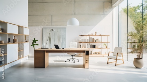 A minimalist office with white walls  clean lines  and simple furniture - 