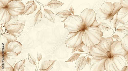 A seamless pattern of delicate flowers and leaves in the style of a pencil drawing  with a sepia color palette and vintage look. Soft lighting and detailed texture