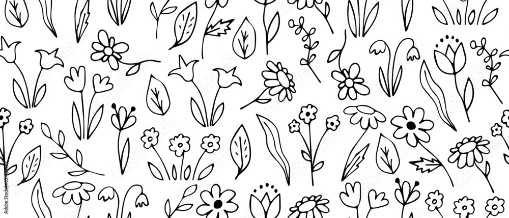 Fototapeta premium Seamless doodle flowers pattern. Beautiful seamless pattern with hand drawn flowers.