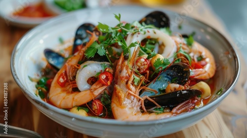 A bowl of som tam talay ruam with juicy shrimp, tender squid, and mussels, garnished with fresh herbs.