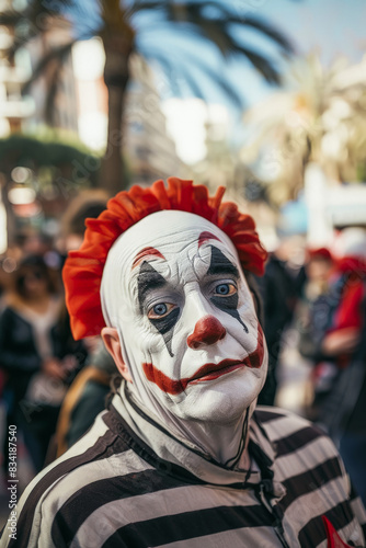 Mime artist looks up amidst urban crowd. Generative AI image photo