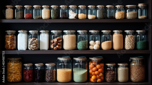 A modern pantry with glass jars, labeled containers, and a well-stocked inventory 