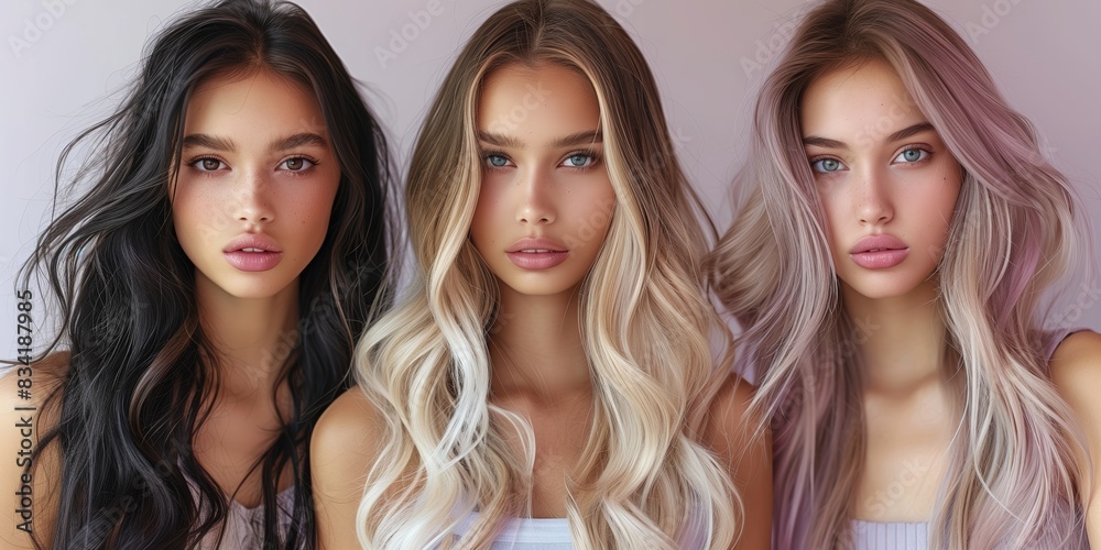 People portrait three women long hair beauty fashion model diverse hair color gorgeous ladies