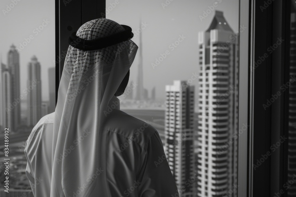 Obraz premium A person standing by the window taking in the urban scenery, possibly contemplating life or daydreaming