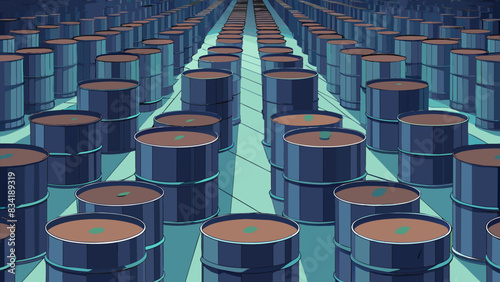 Rows upon rows of metal oil drums stacked neatly in a mazelike pattern that stretches as far as the eye can see.. Vector illustration photo