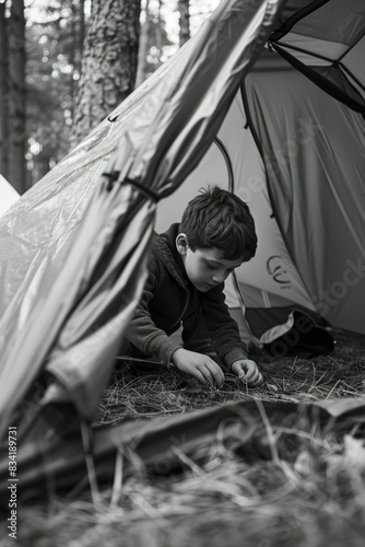 A young boy is lying on the ground in front of a tent, perhaps taking a break or resting © vefimov