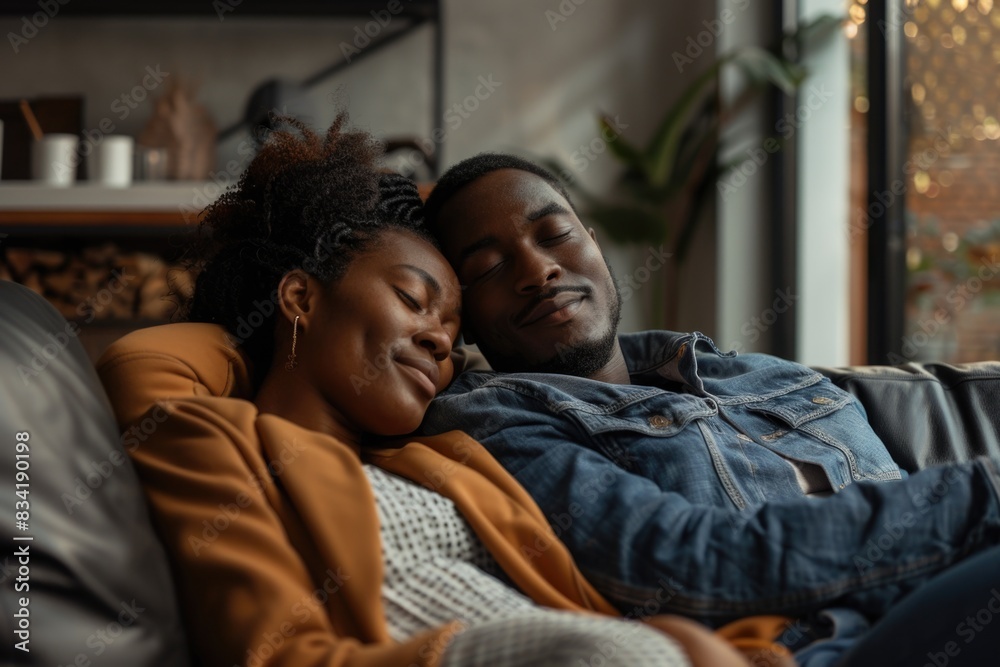 A man and a woman lying down together on a couch, likely enjoying quality time or taking a break A man and a woman lying down together on a couch, likely enjoying quality time or taking a break