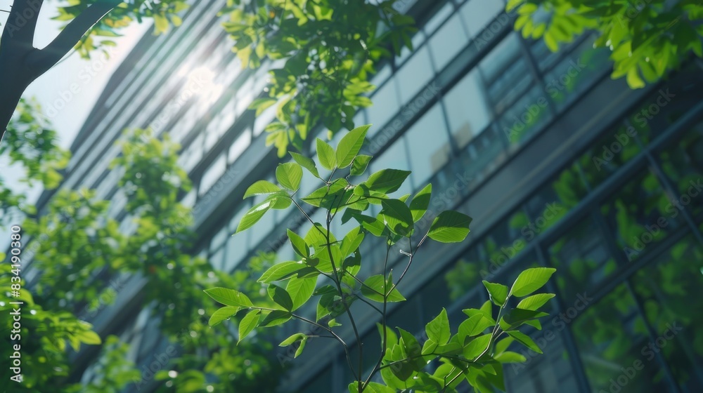 A tree with green leaves standing in front of a building, possibly an office or residential complex A tree with green leaves standing in front of a building, possibly an office or residential complex