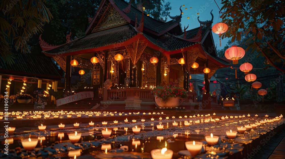 A peaceful temple lit with candles and lanterns during celebrations. A peaceful temple lit with candles and lanterns during celebrations.