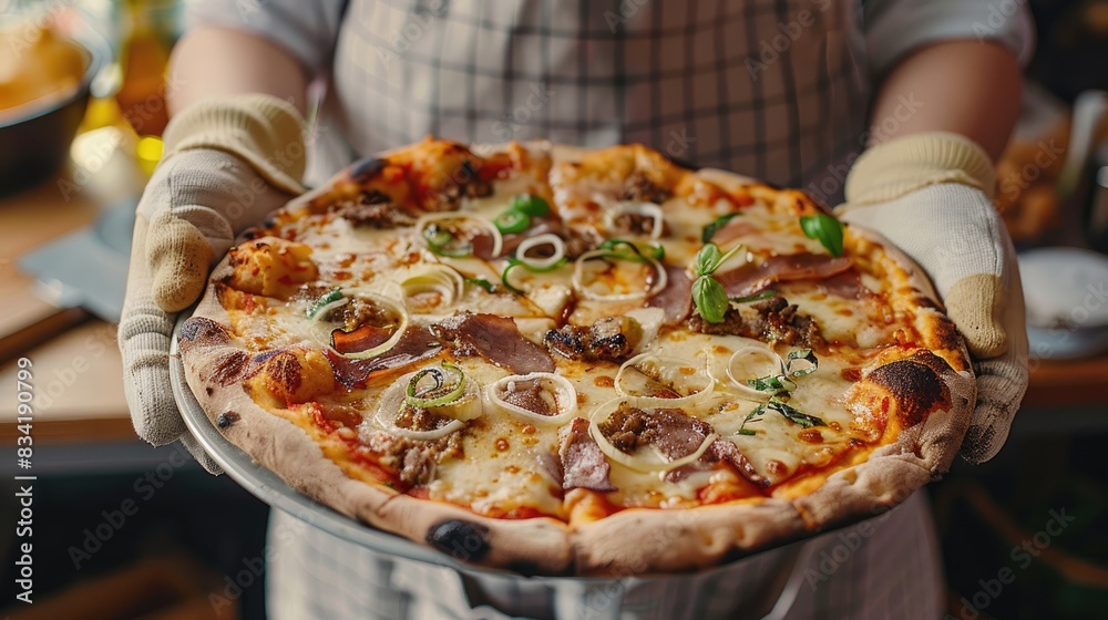 The girl is holding a recently made pizza topped with melted cheese meat leeks and assorted toppings while wearing oven mitts The girl is holding a recently made pizza topped with melted cheese meat leeks and assorted toppings while wearing oven mitts