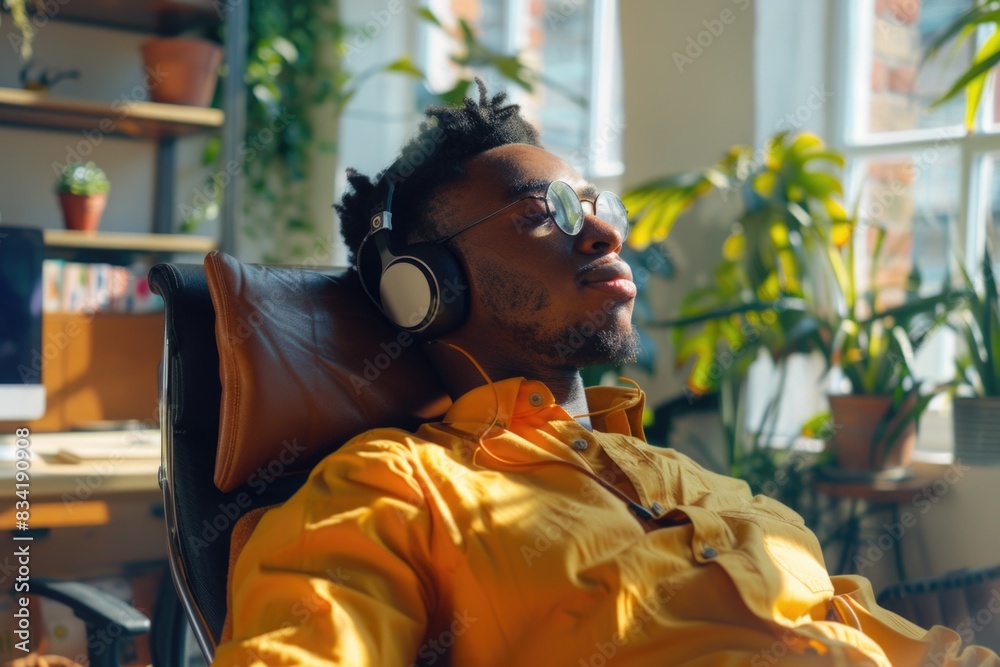 A person sitting in a chair wearing headphones and lost in his own world A person sitting in a chair wearing headphones and lost in his own world